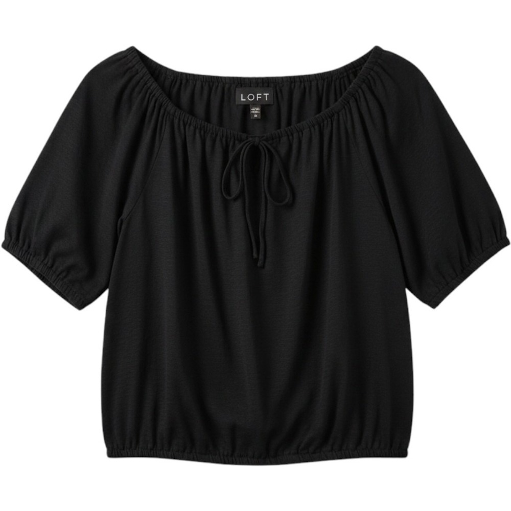 Ann Taylor LOFT Shirt Womens Small Black Linen Tie Scoop Neck Elastic Hem Top